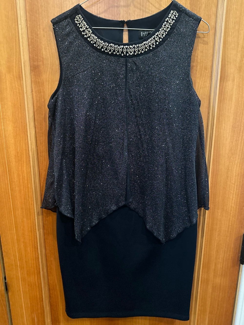 Sleeveless Navy Blue Sparkle Overlay Sheath Dress